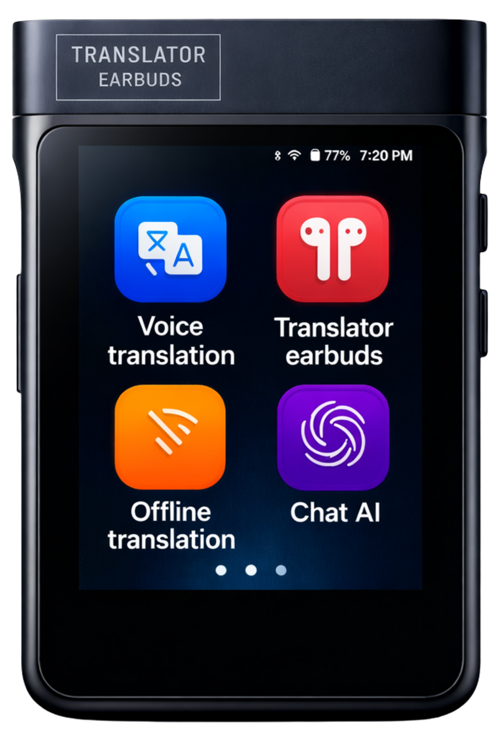 Guardian Translator V2 handheld device with earbuds and accessories