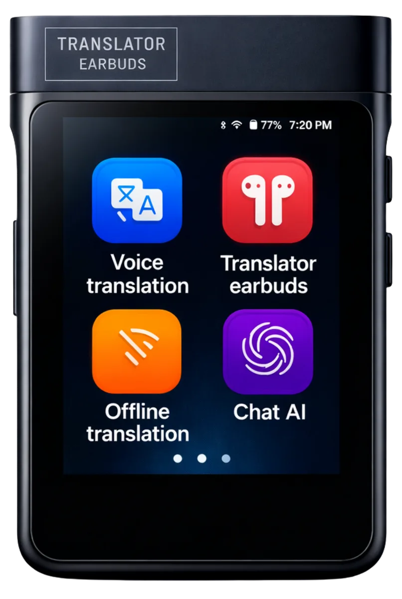 Guardian Translator V2 handheld device with earbuds and accessories