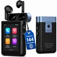 Guardian Translator V2 front and back, with earbuds and the 144-language tag