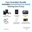 Everything in the bundle: translator and earbuds, carbon travel case, USB cable, tempered glass screen protector, QR instructions and manual
